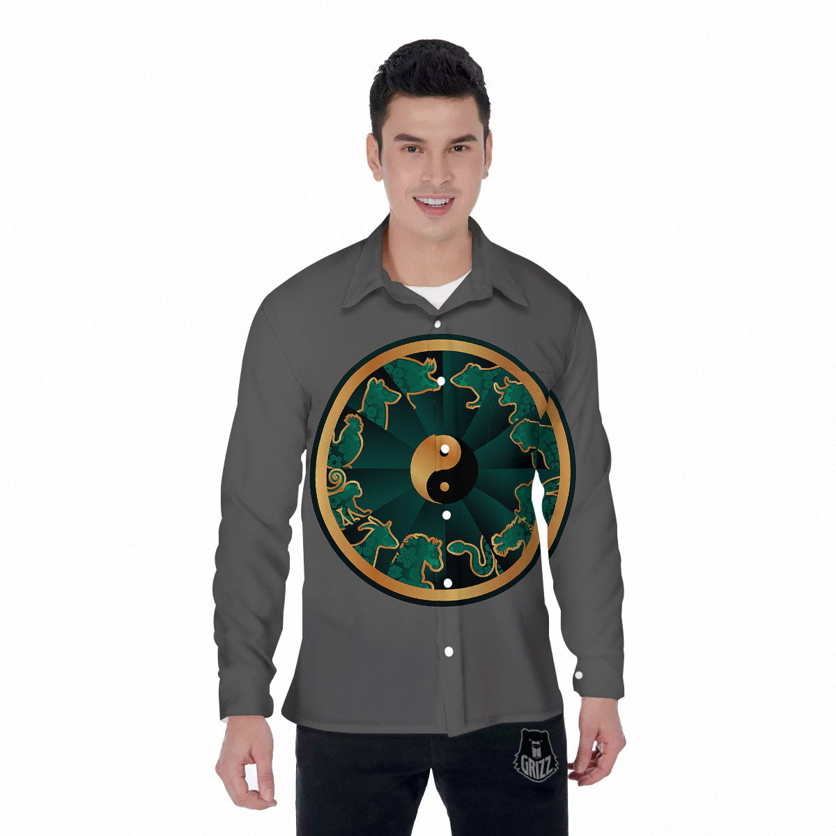 Chinese Zodiac Gold And Green Print Men's Long Sleeve Shirts-grizzshop