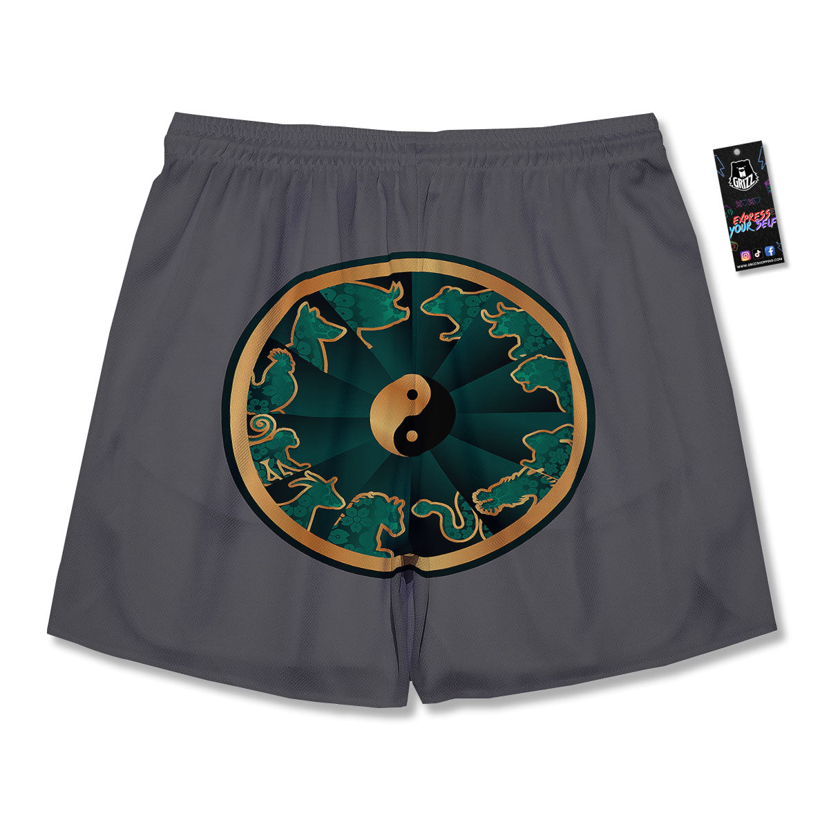 Chinese Zodiac Gold And Green Print Men's Running Shorts-grizzshop