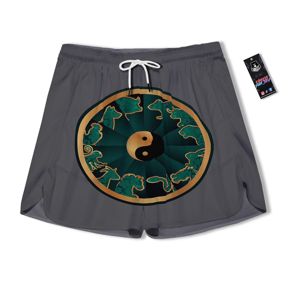 Chinese Zodiac Gold And Green Print Men's Running Shorts-grizzshop