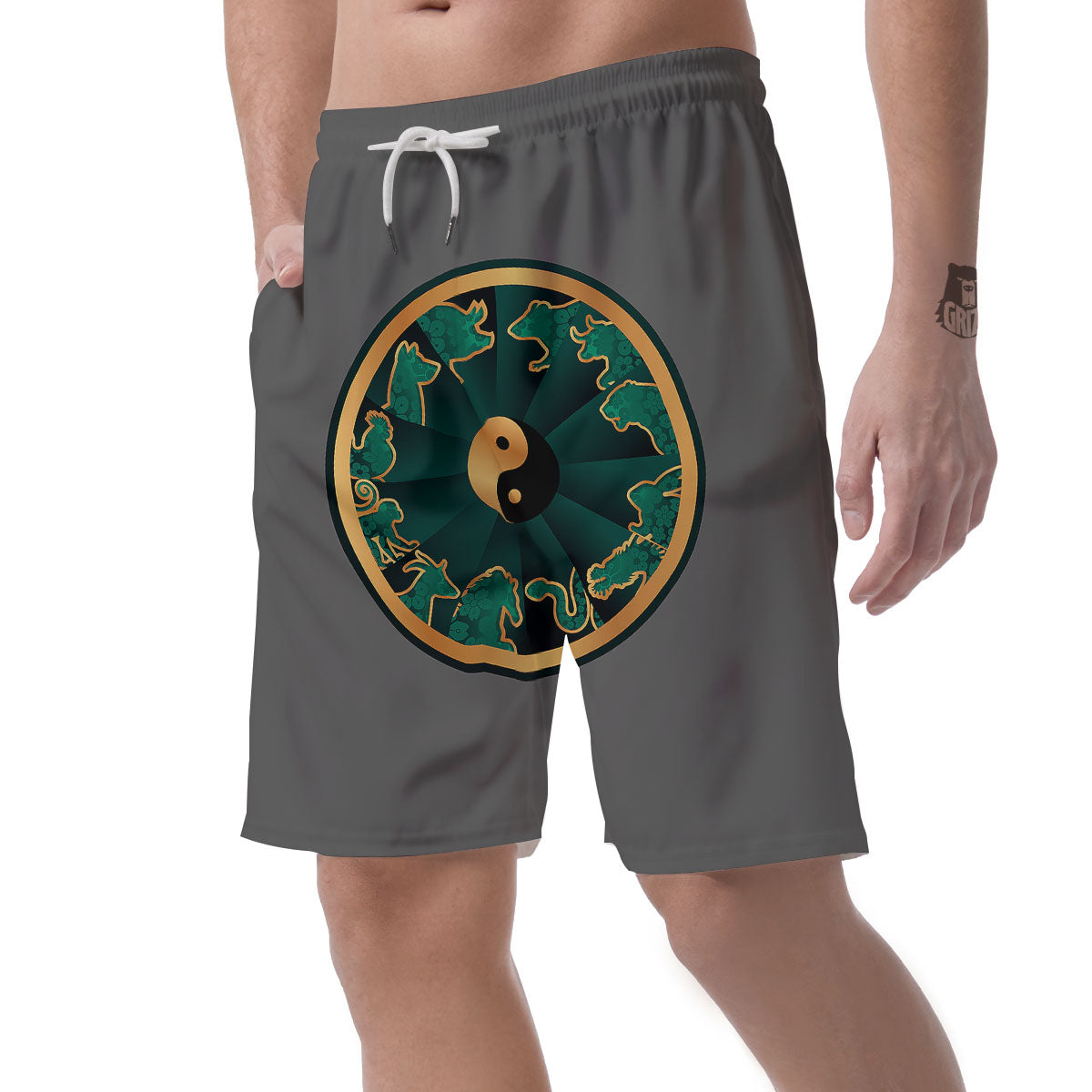 Chinese Zodiac Gold And Green Print Men's Shorts-grizzshop
