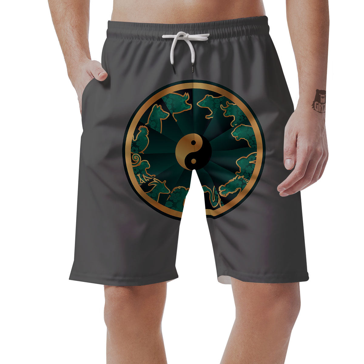 Chinese Zodiac Gold And Green Print Men's Shorts-grizzshop