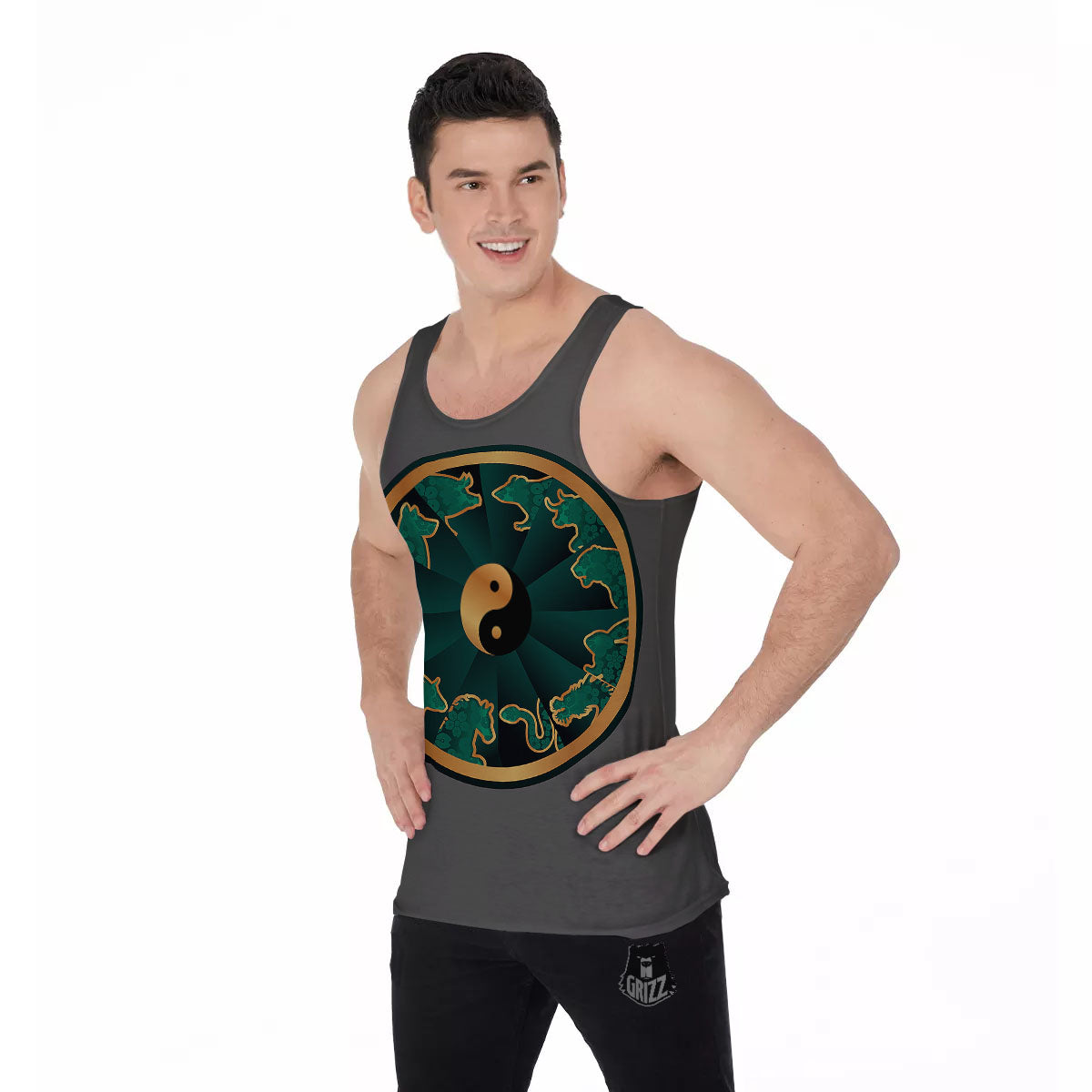 Chinese Zodiac Gold And Green Print Men's Tank Top-grizzshop