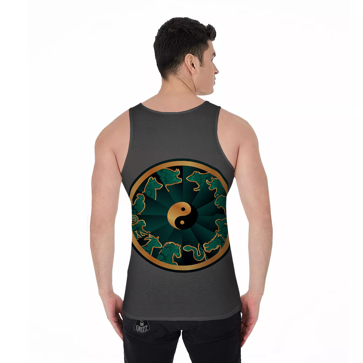 Chinese Zodiac Gold And Green Print Men's Tank Top-grizzshop