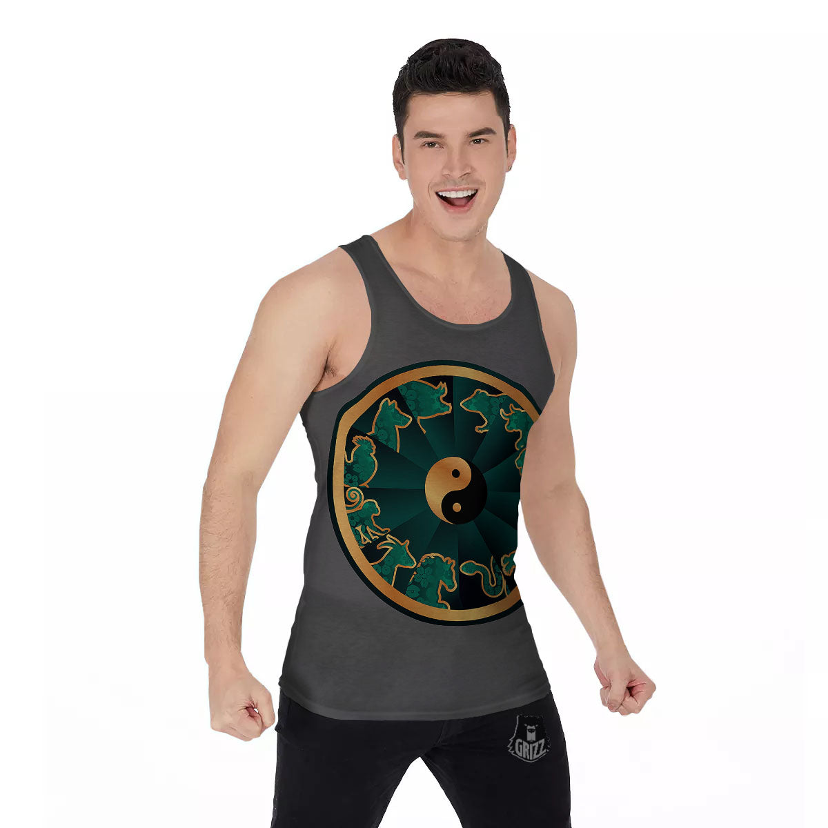 Chinese Zodiac Gold And Green Print Men's Tank Top-grizzshop