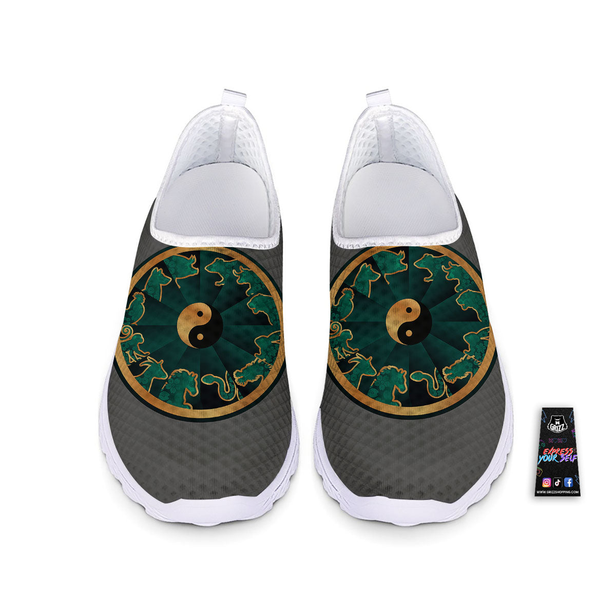 Chinese Zodiac Gold And Green Print Nurse Shoes-grizzshop