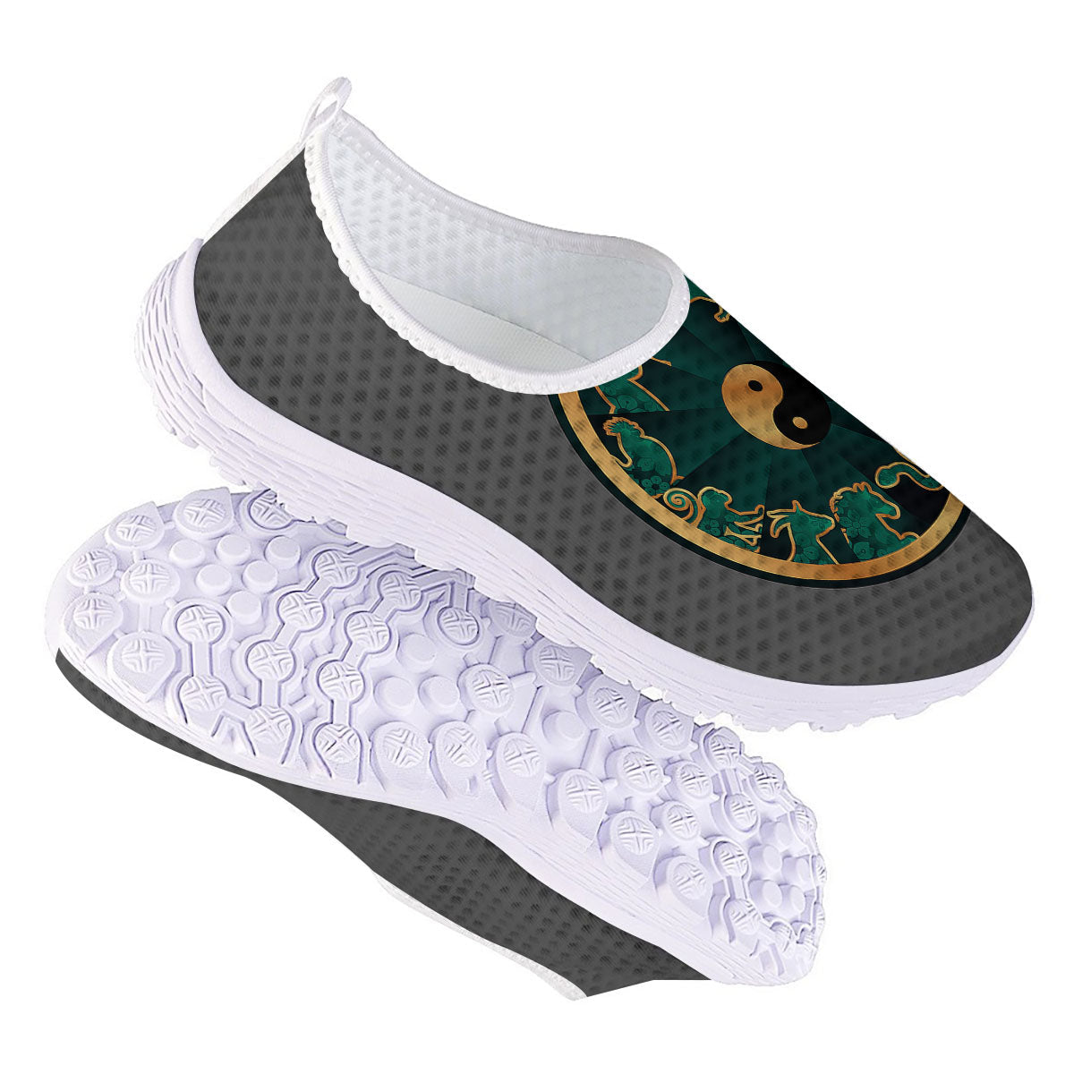 Chinese Zodiac Gold And Green Print Nurse Shoes-grizzshop
