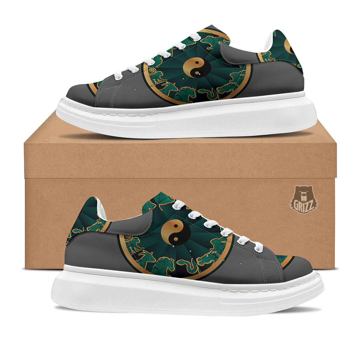 Chinese Zodiac Gold And Green Print Platform Shoes-grizzshop