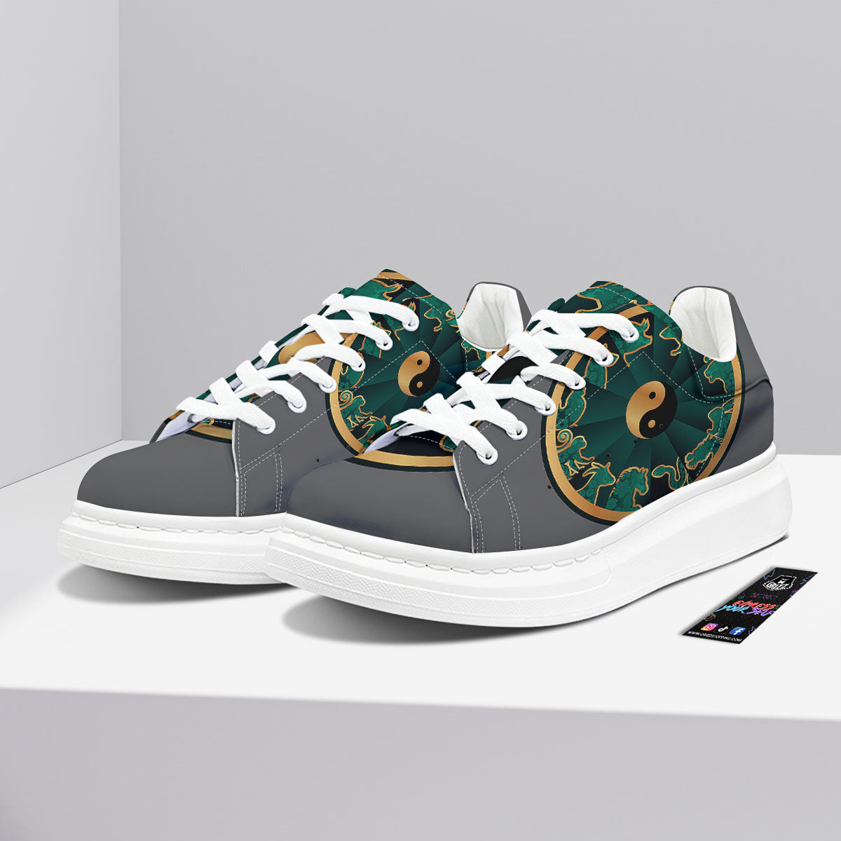 Chinese Zodiac Gold And Green Print Platform Shoes-grizzshop
