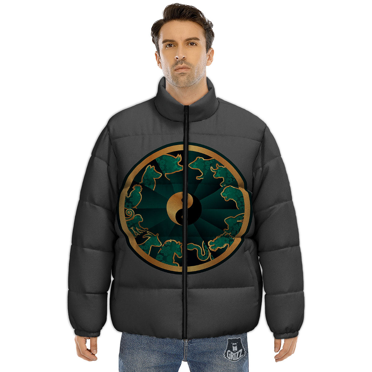 Chinese Zodiac Gold And Green Print Puffer Jacket-grizzshop
