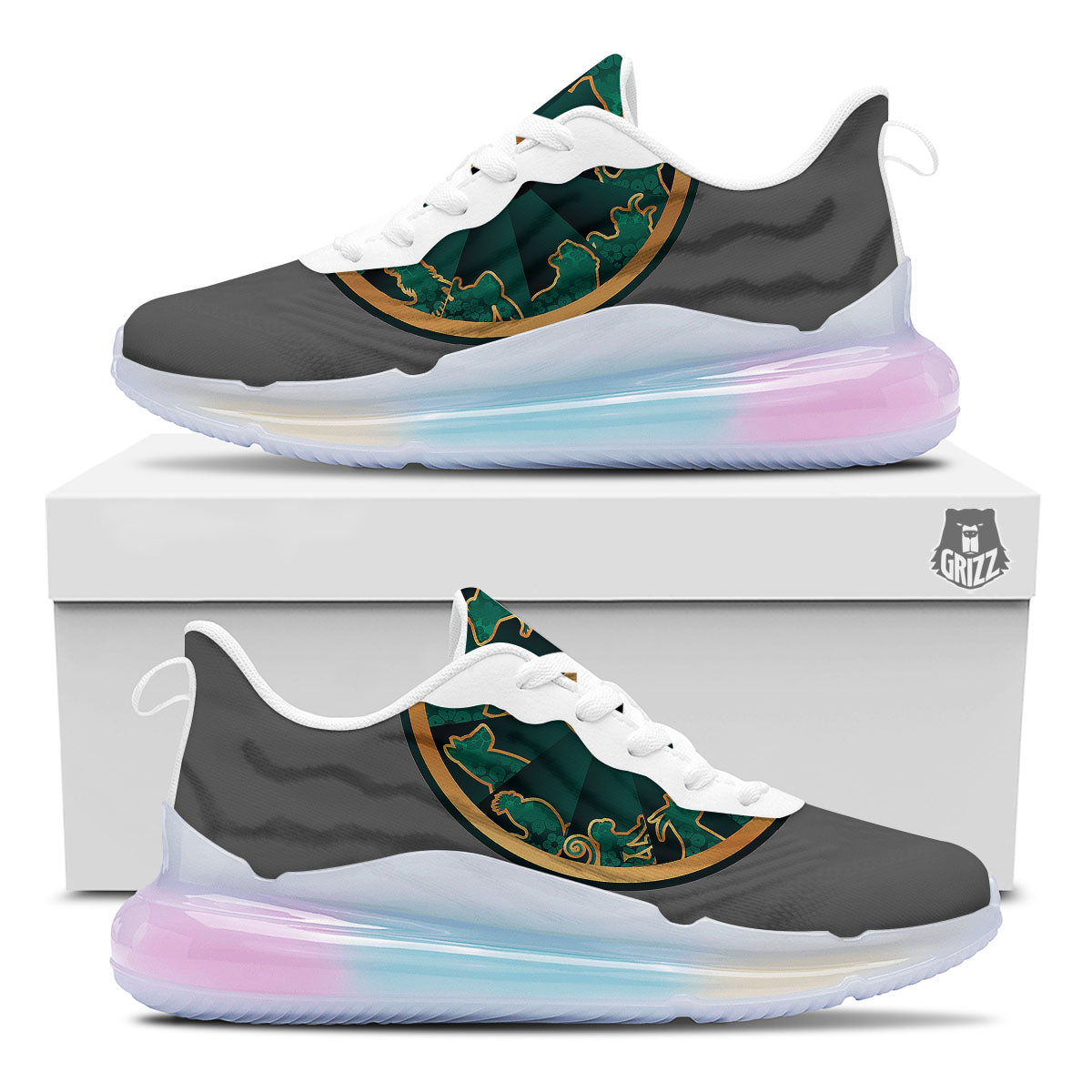 Chinese Zodiac Gold And Green Print Running Sneakers-grizzshop