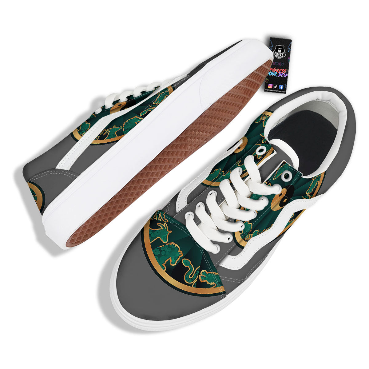 Chinese Zodiac Gold And Green Print Skate Shoes-grizzshop