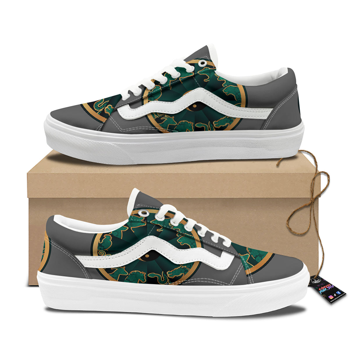 Chinese Zodiac Gold And Green Print Skate Shoes-grizzshop
