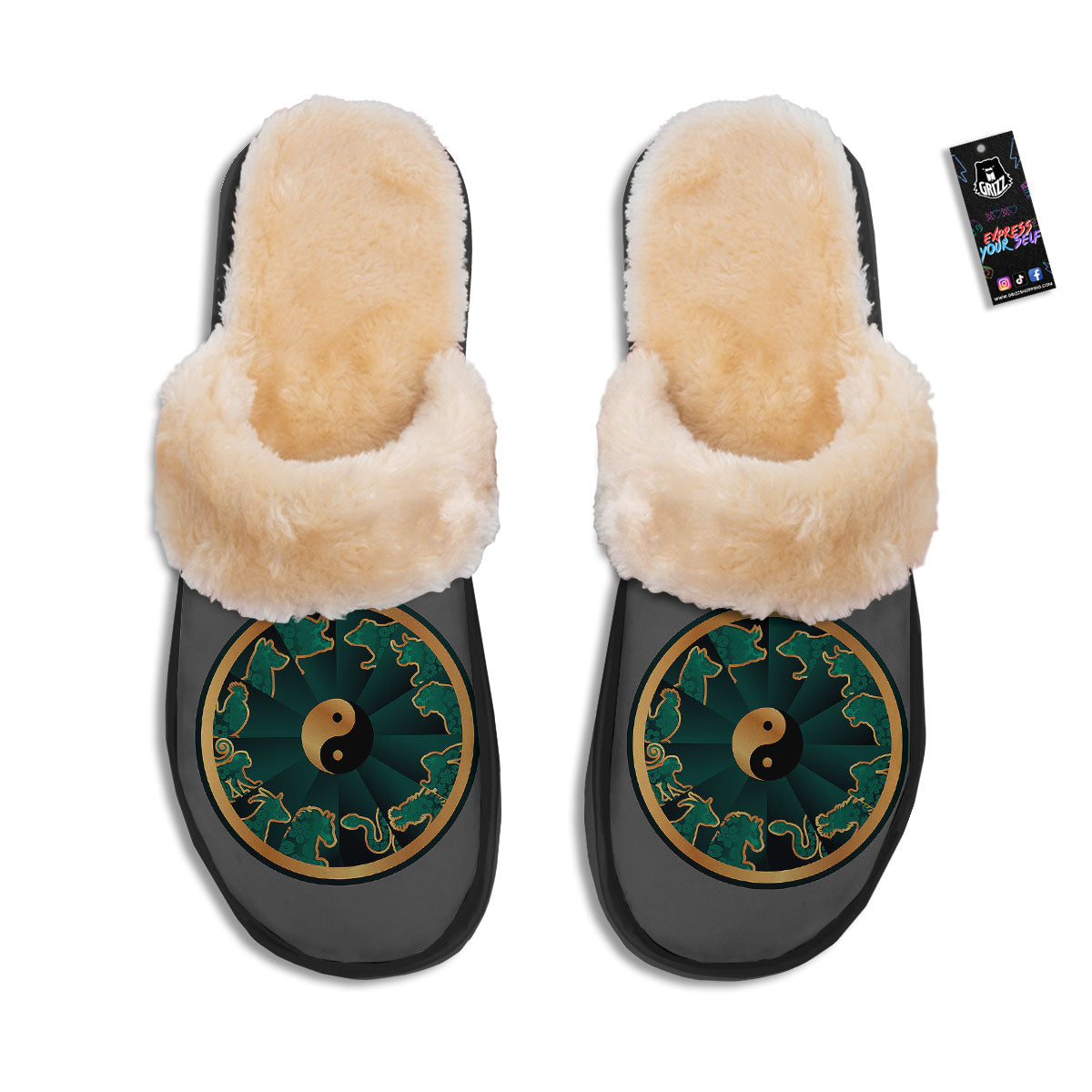 Chinese Zodiac Gold And Green Print Slippers-grizzshop