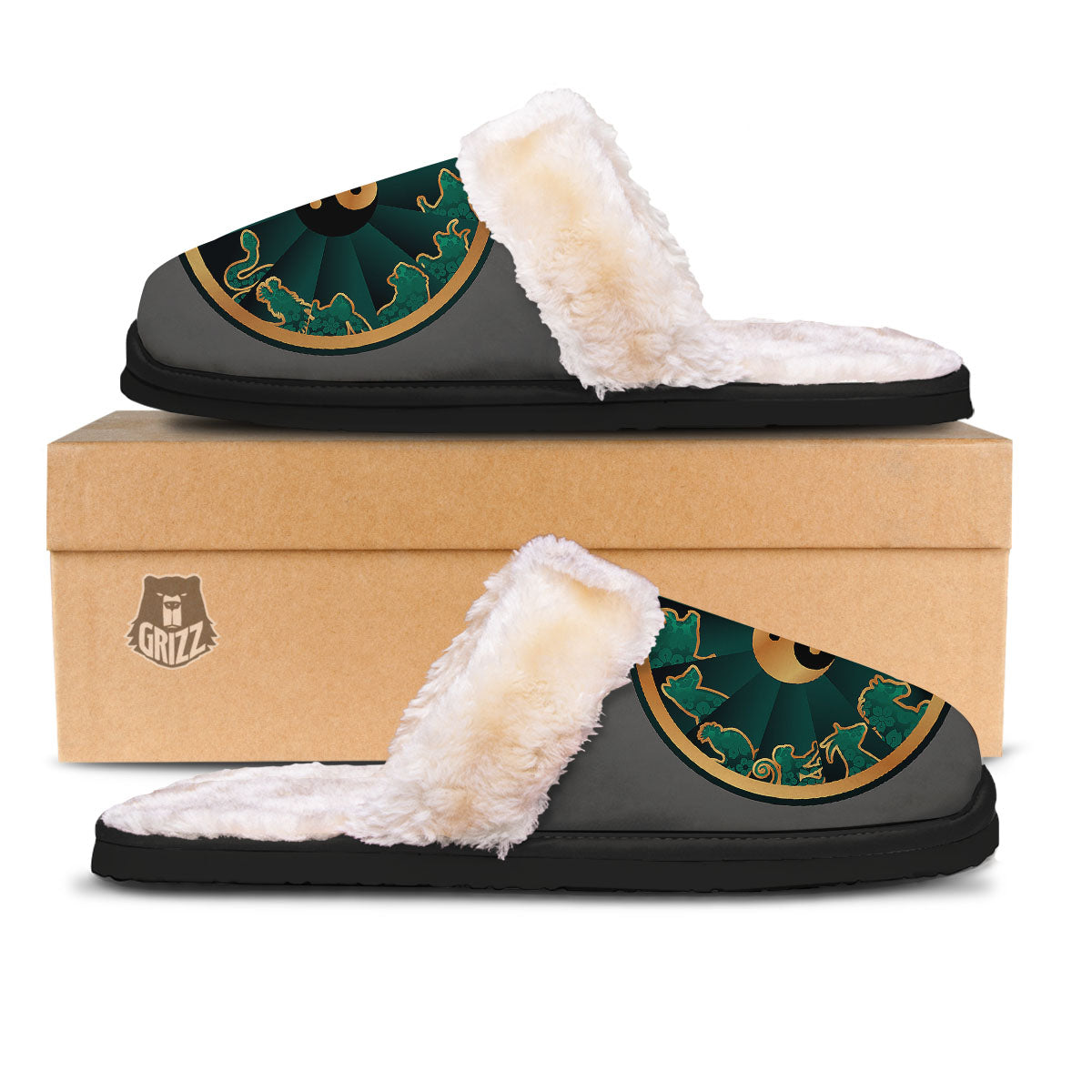 Chinese Zodiac Gold And Green Print Slippers-grizzshop