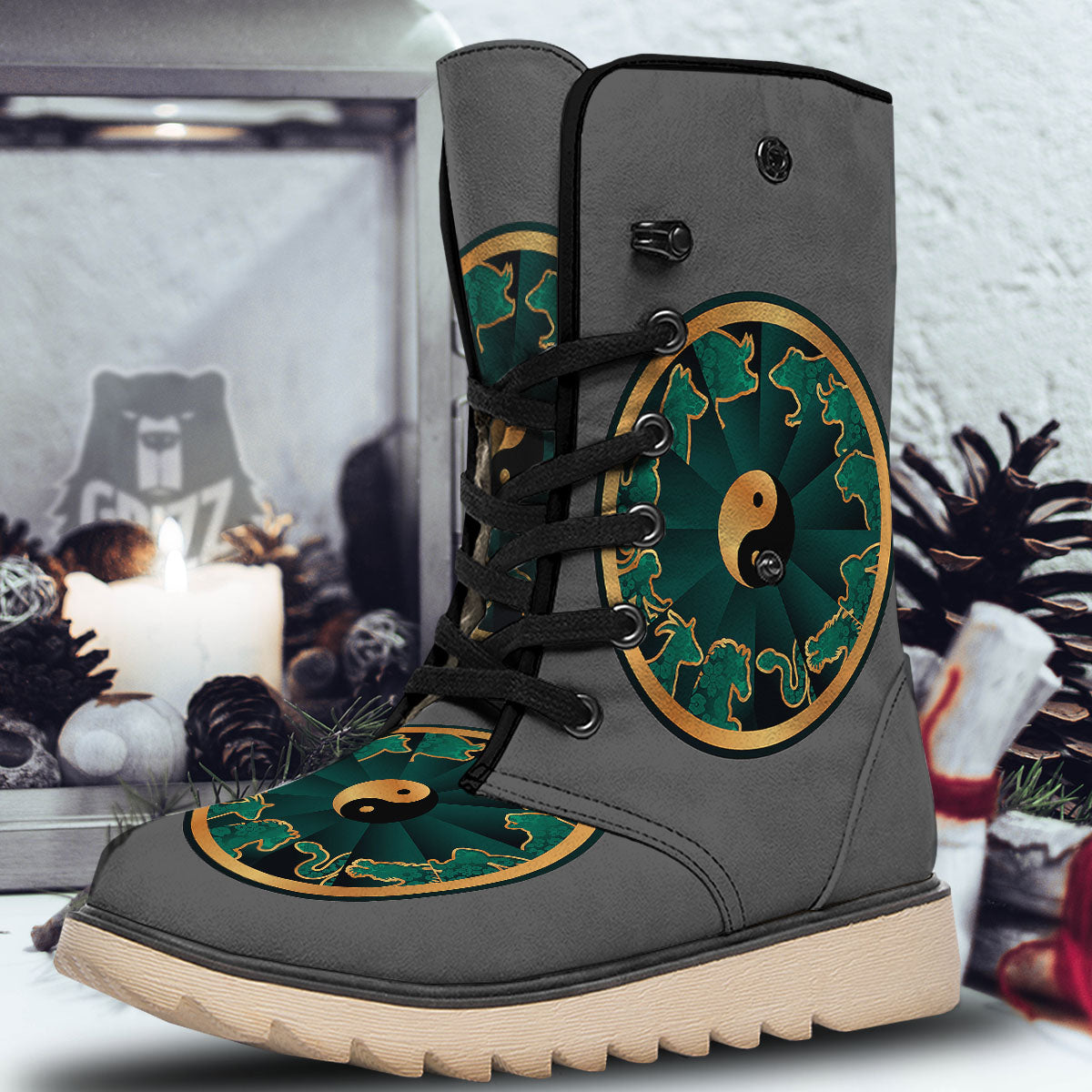 Chinese Zodiac Gold And Green Print Snow Boots-grizzshop