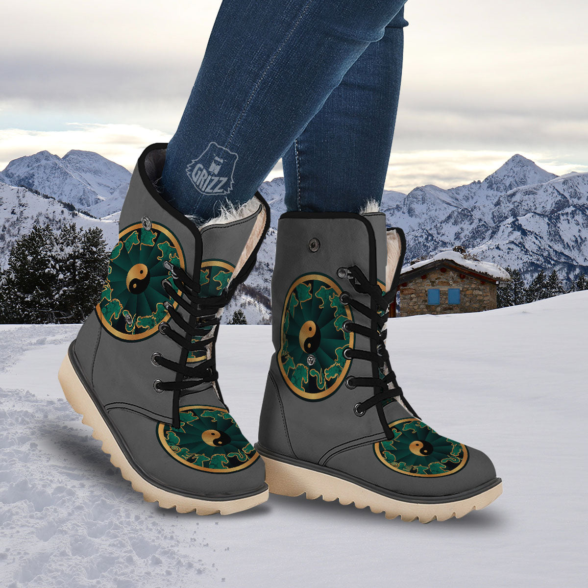 Chinese Zodiac Gold And Green Print Snow Boots-grizzshop