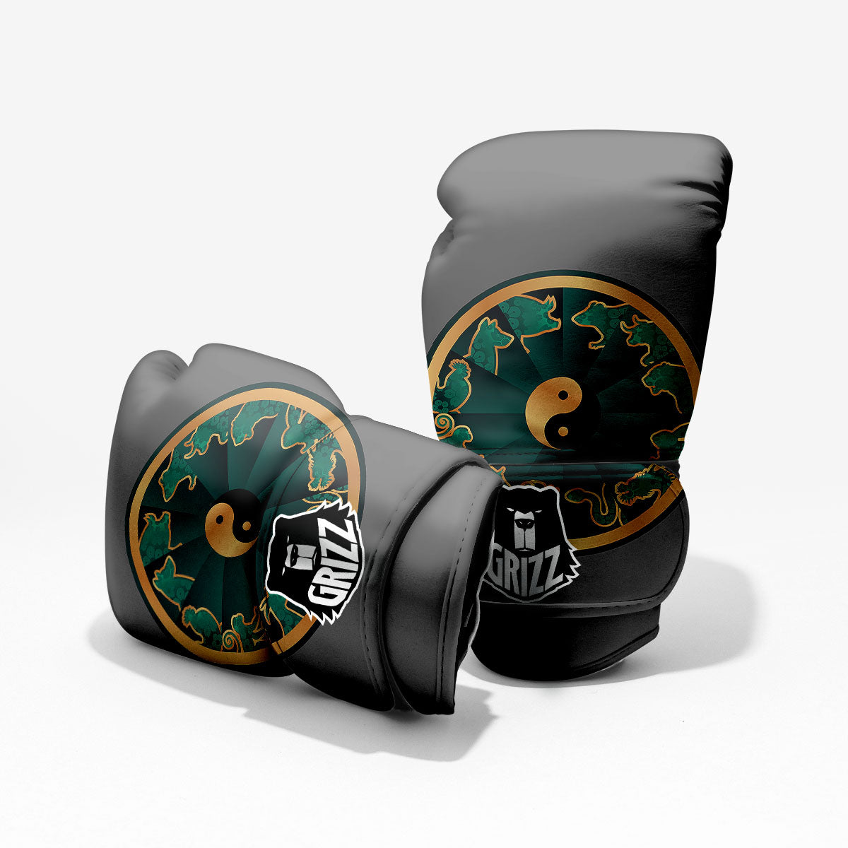 Chinese Zodiac Gold And Green Print Pro Boxing Glove