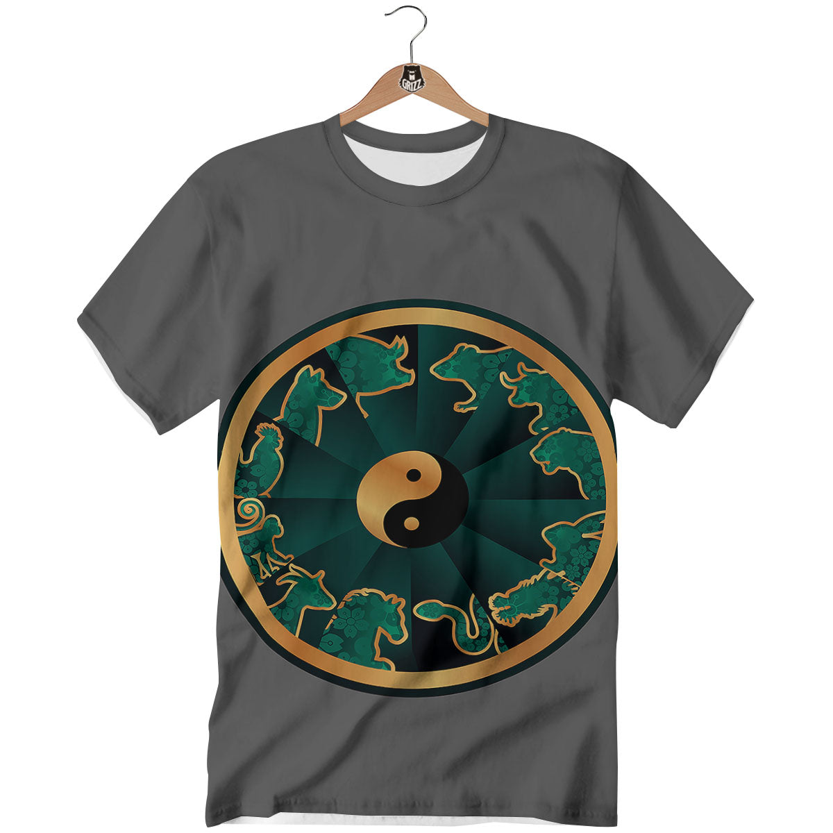 Chinese Zodiac Gold And Green Print T-Shirt-grizzshop