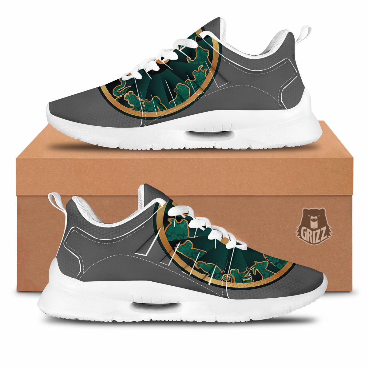 Chinese Zodiac Gold And Green Print Tennis Shoes-grizzshop