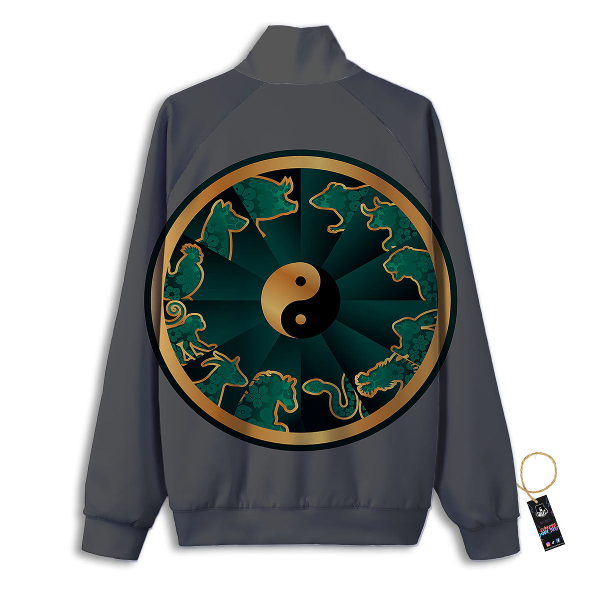 Chinese Zodiac Gold And Green Print Track Jacket-grizzshop
