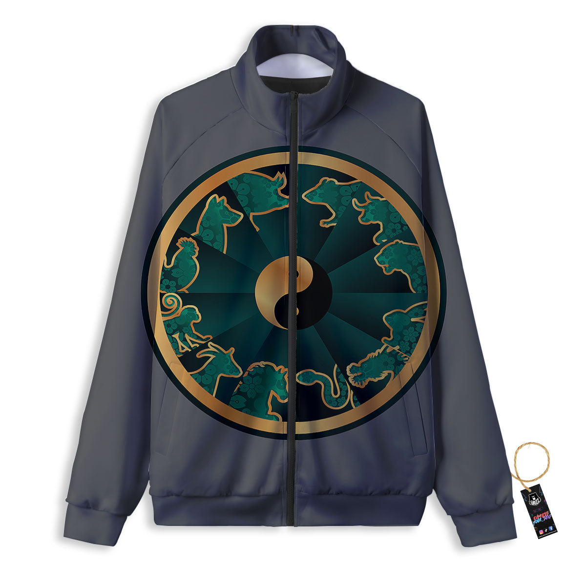 Chinese Zodiac Gold And Green Print Track Jacket-grizzshop