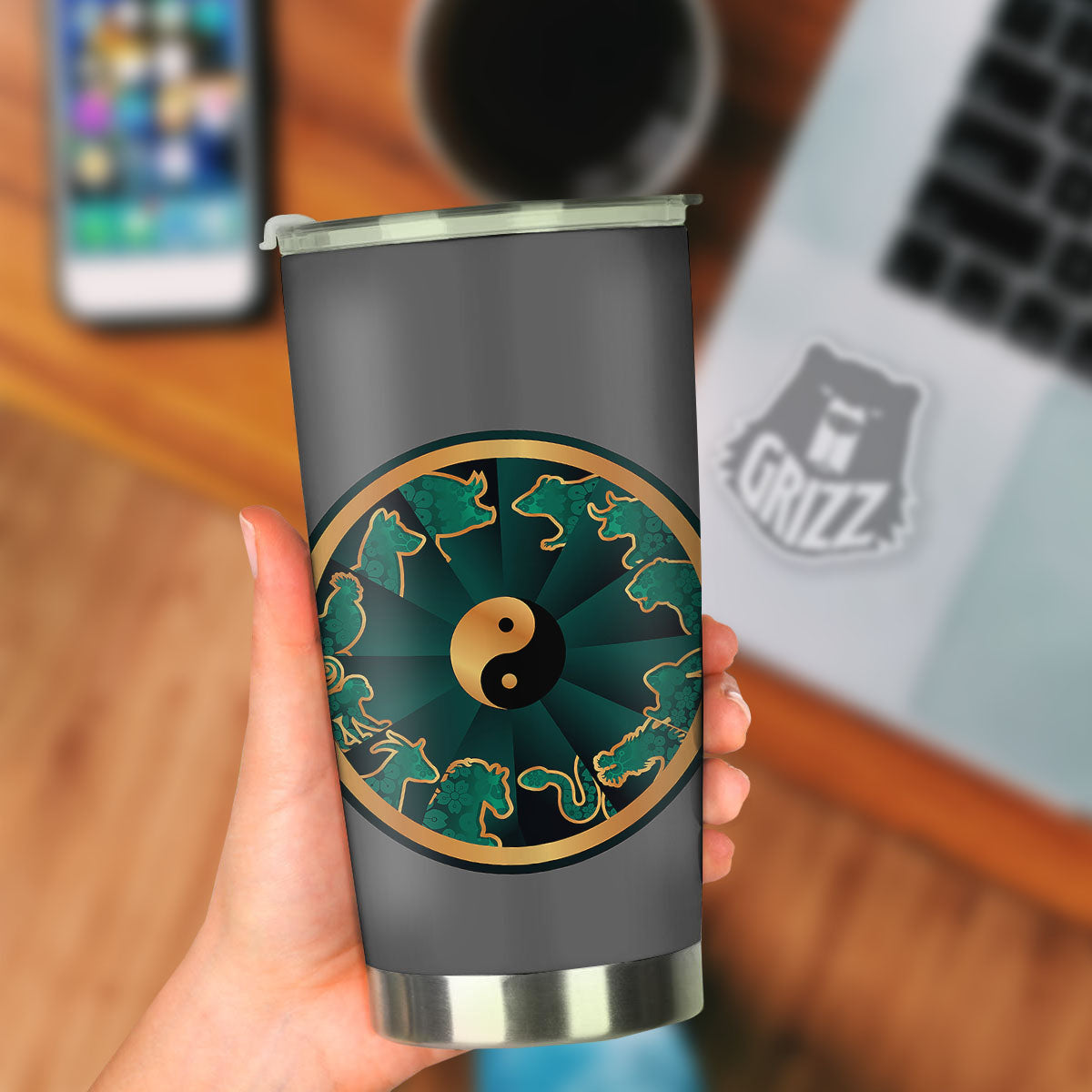 Chinese Zodiac Gold And Green Print Tumbler-grizzshop