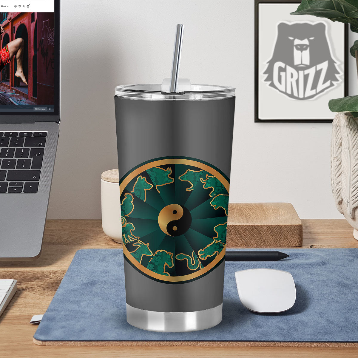Chinese Zodiac Gold And Green Print Tumbler-grizzshop