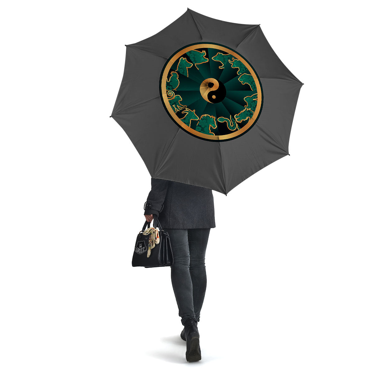 Chinese Zodiac Gold And Green Print Umbrella-grizzshop