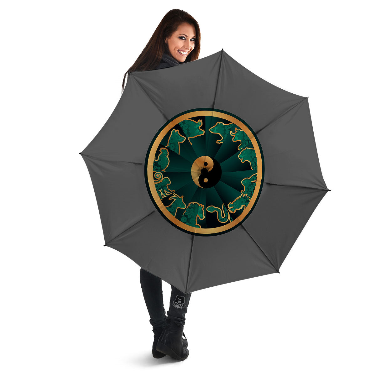 Chinese Zodiac Gold And Green Print Umbrella-grizzshop