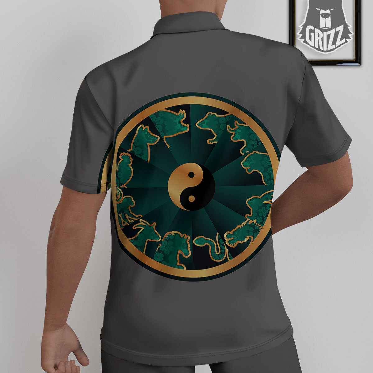 Chinese Zodiac Gold And Green Print Untucked Shirts-grizzshop