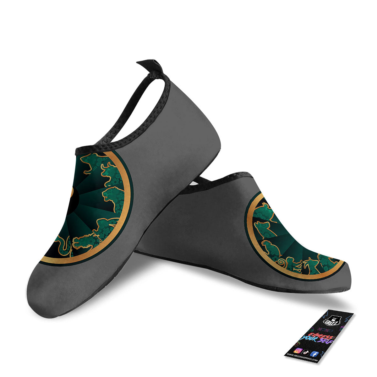 Chinese Zodiac Gold And Green Print Water Shoes-grizzshop