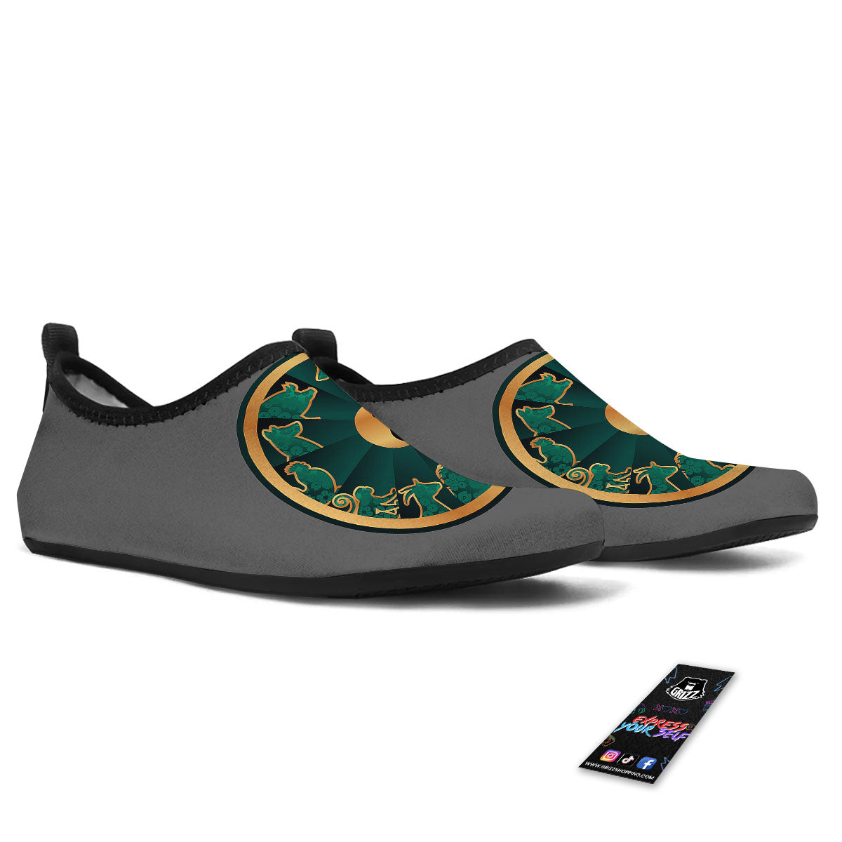 Chinese Zodiac Gold And Green Print Water Shoes-grizzshop