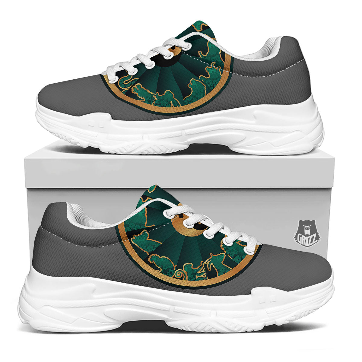 Chinese Zodiac Gold And Green Print White Chunky Shoes-grizzshop