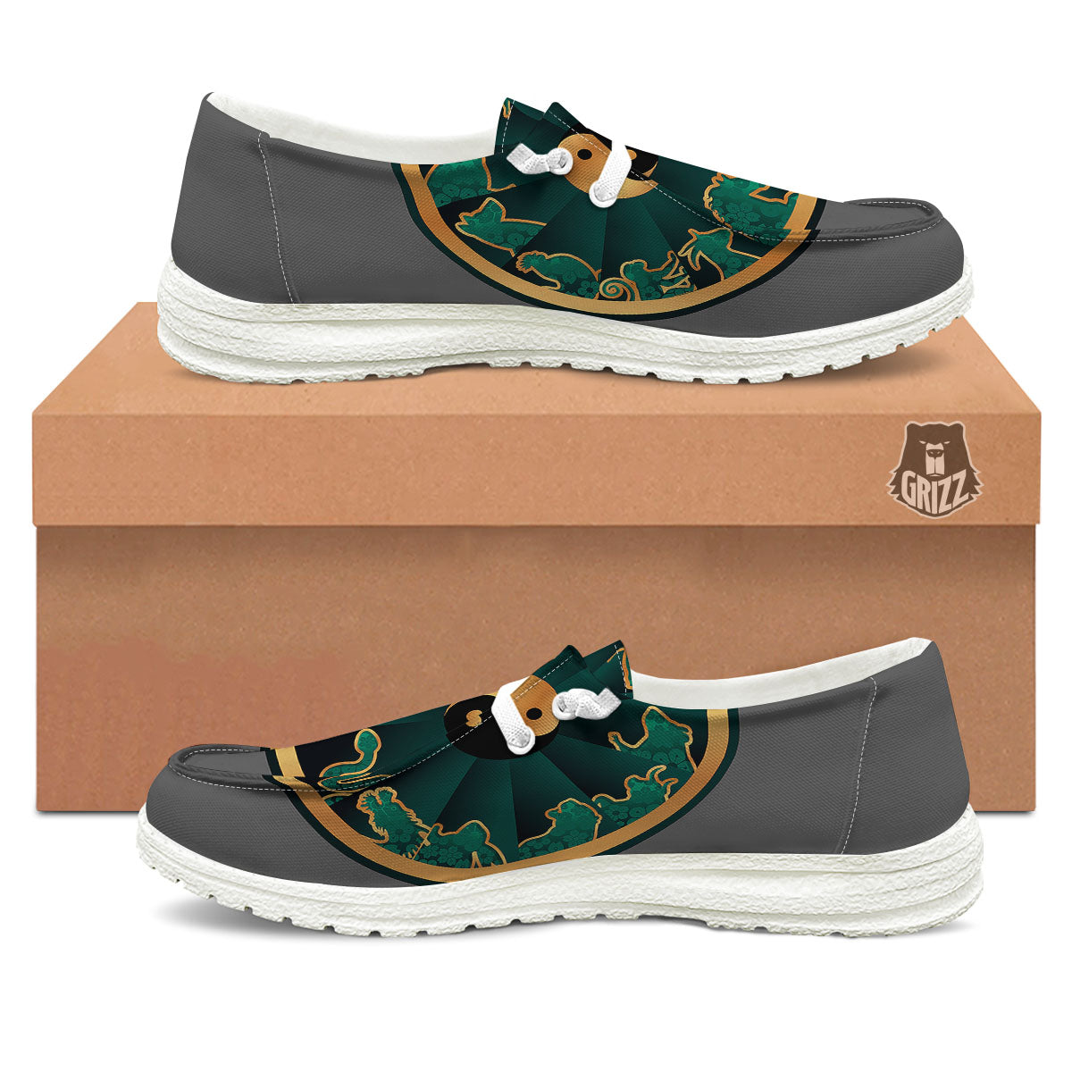 Chinese Zodiac Gold And Green Print White Loafers-grizzshop