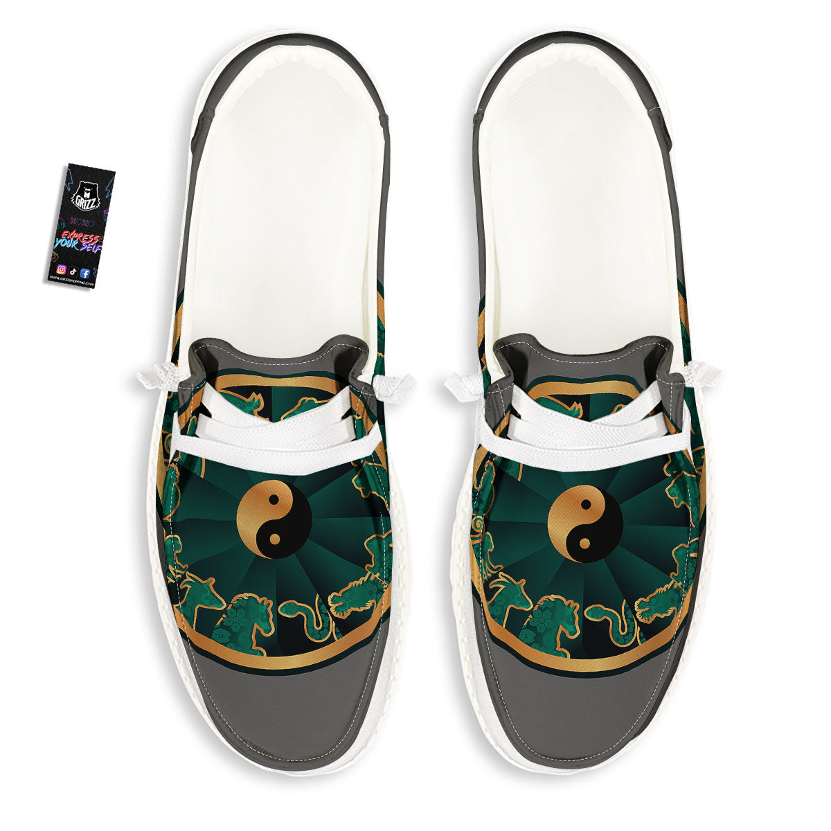 Chinese Zodiac Gold And Green Print White Loafers-grizzshop