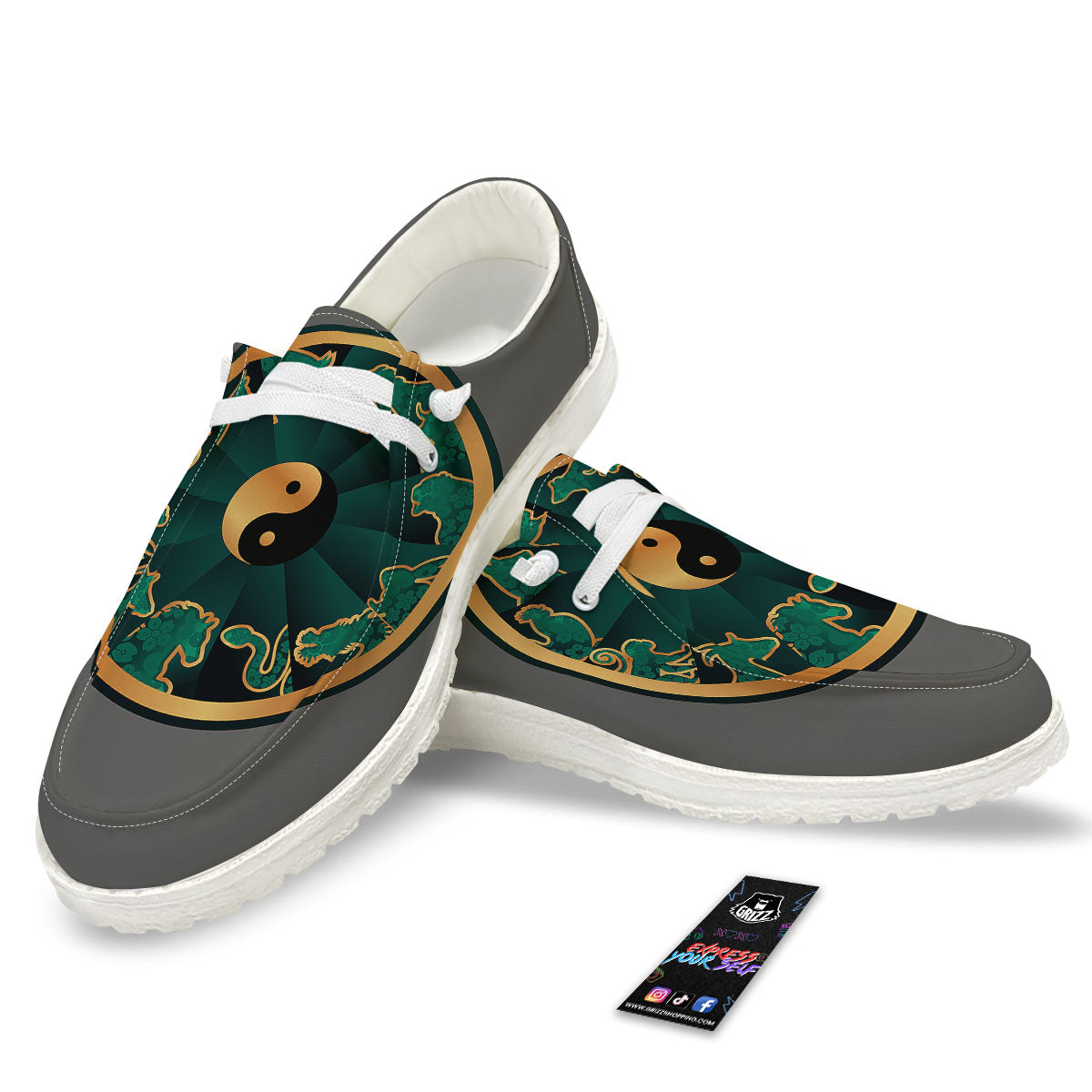 Chinese Zodiac Gold And Green Print White Loafers-grizzshop