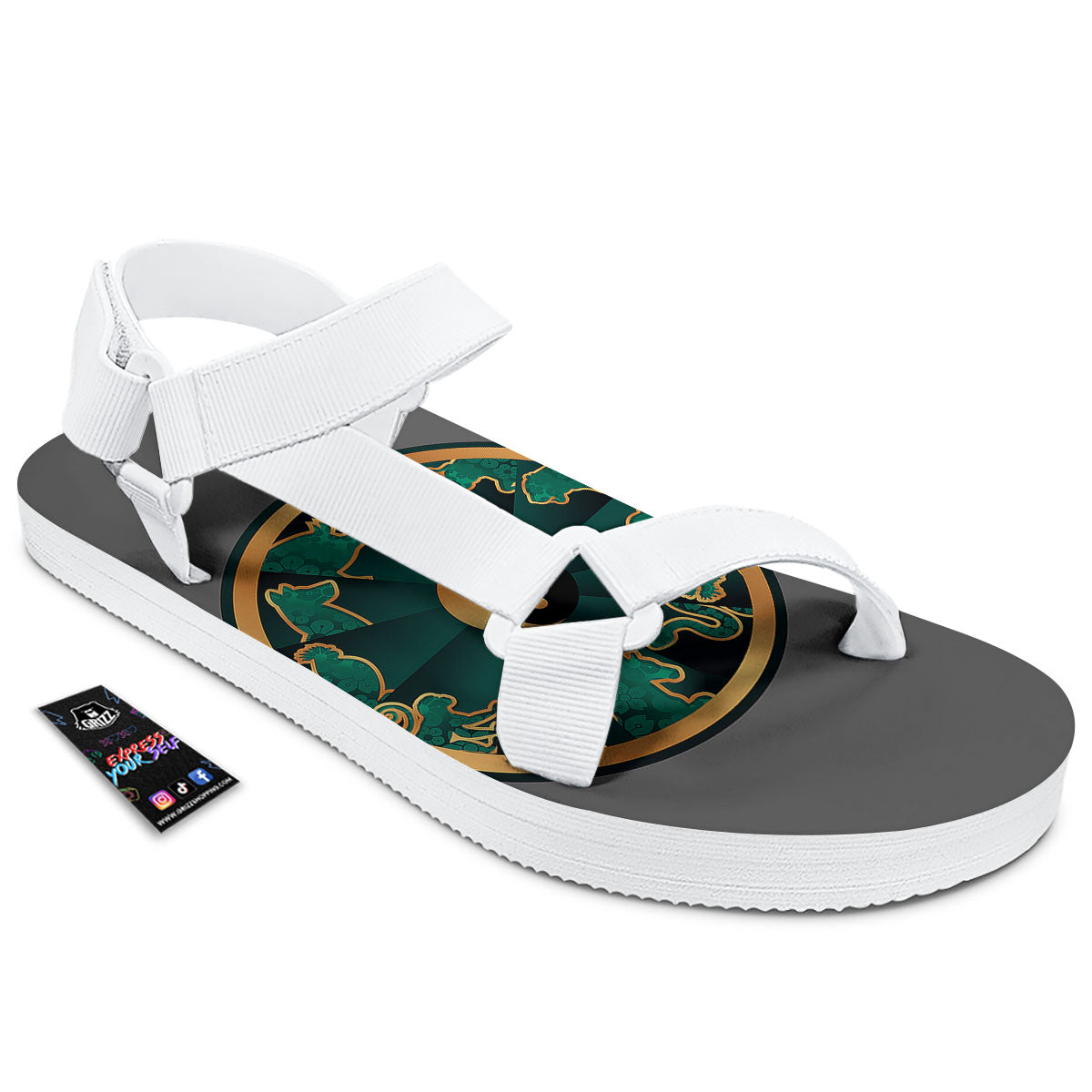 Chinese Zodiac Gold And Green Print White Open Toe Sandals-grizzshop