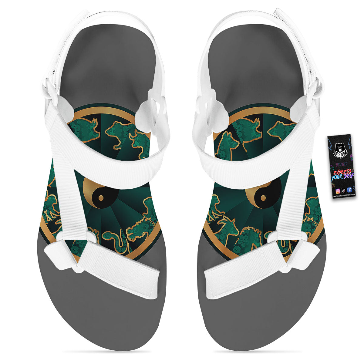 Chinese Zodiac Gold And Green Print White Open Toe Sandals-grizzshop