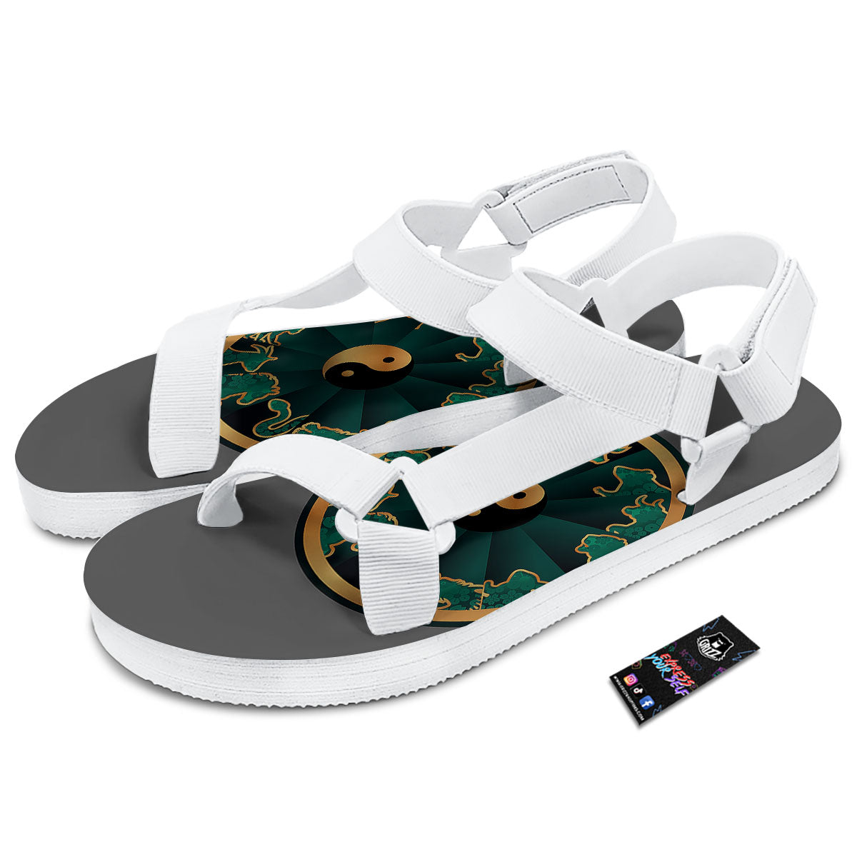 Chinese Zodiac Gold And Green Print White Open Toe Sandals-grizzshop
