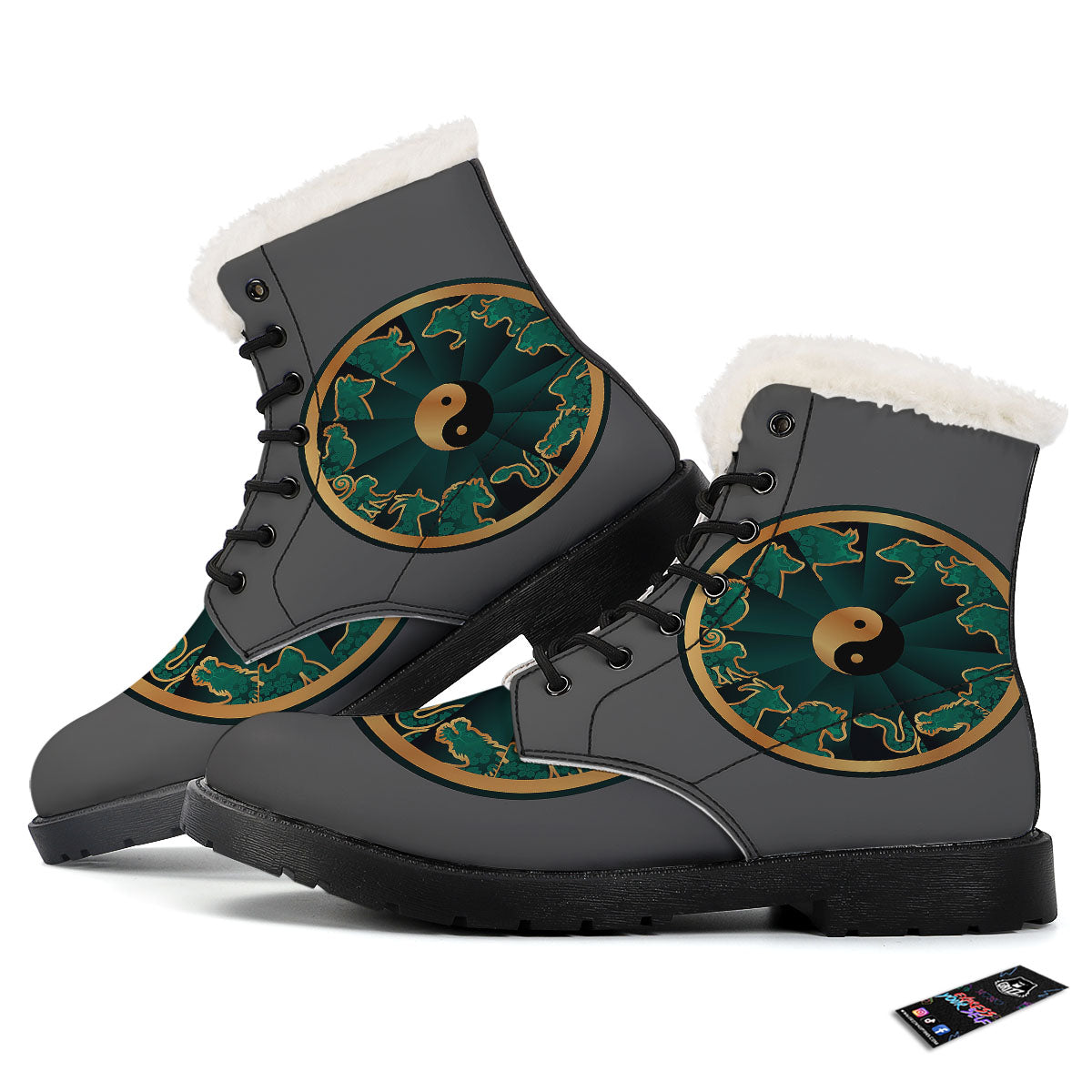 Chinese Zodiac Gold And Green Print Winter Boots-grizzshop