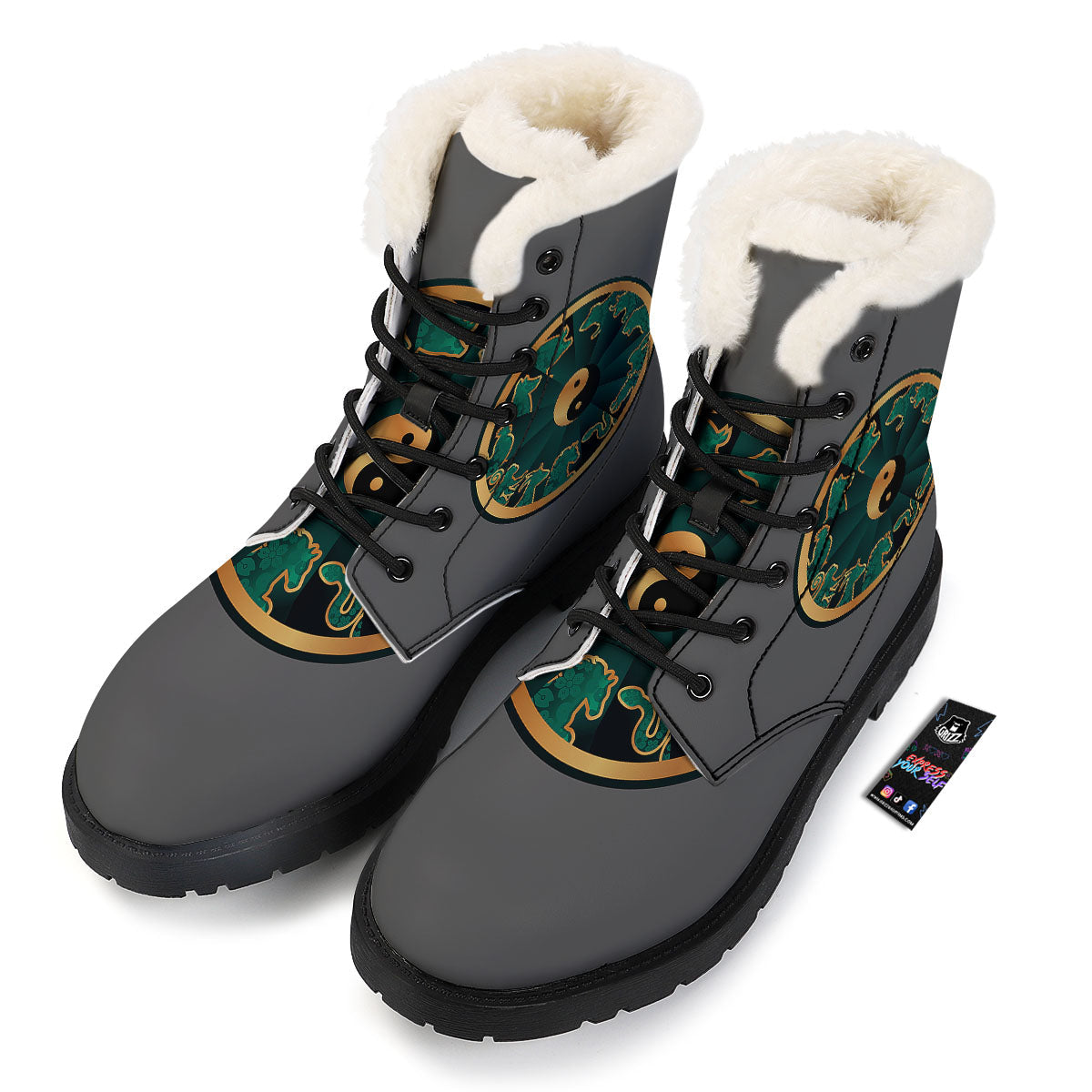 Chinese Zodiac Gold And Green Print Winter Boots-grizzshop
