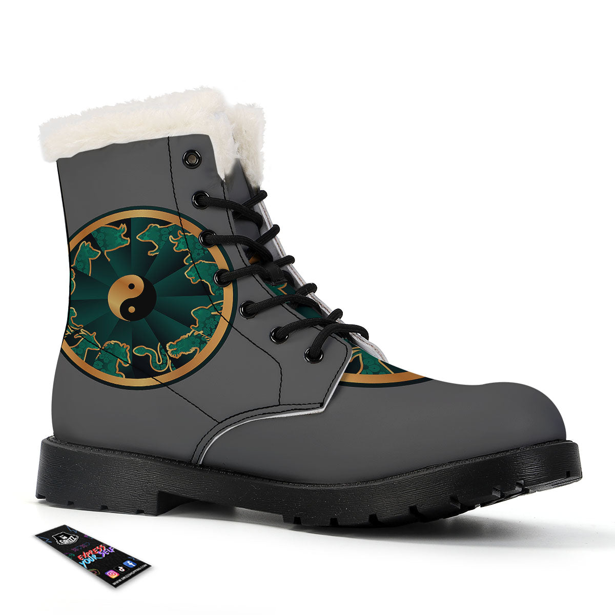 Chinese Zodiac Gold And Green Print Winter Boots-grizzshop