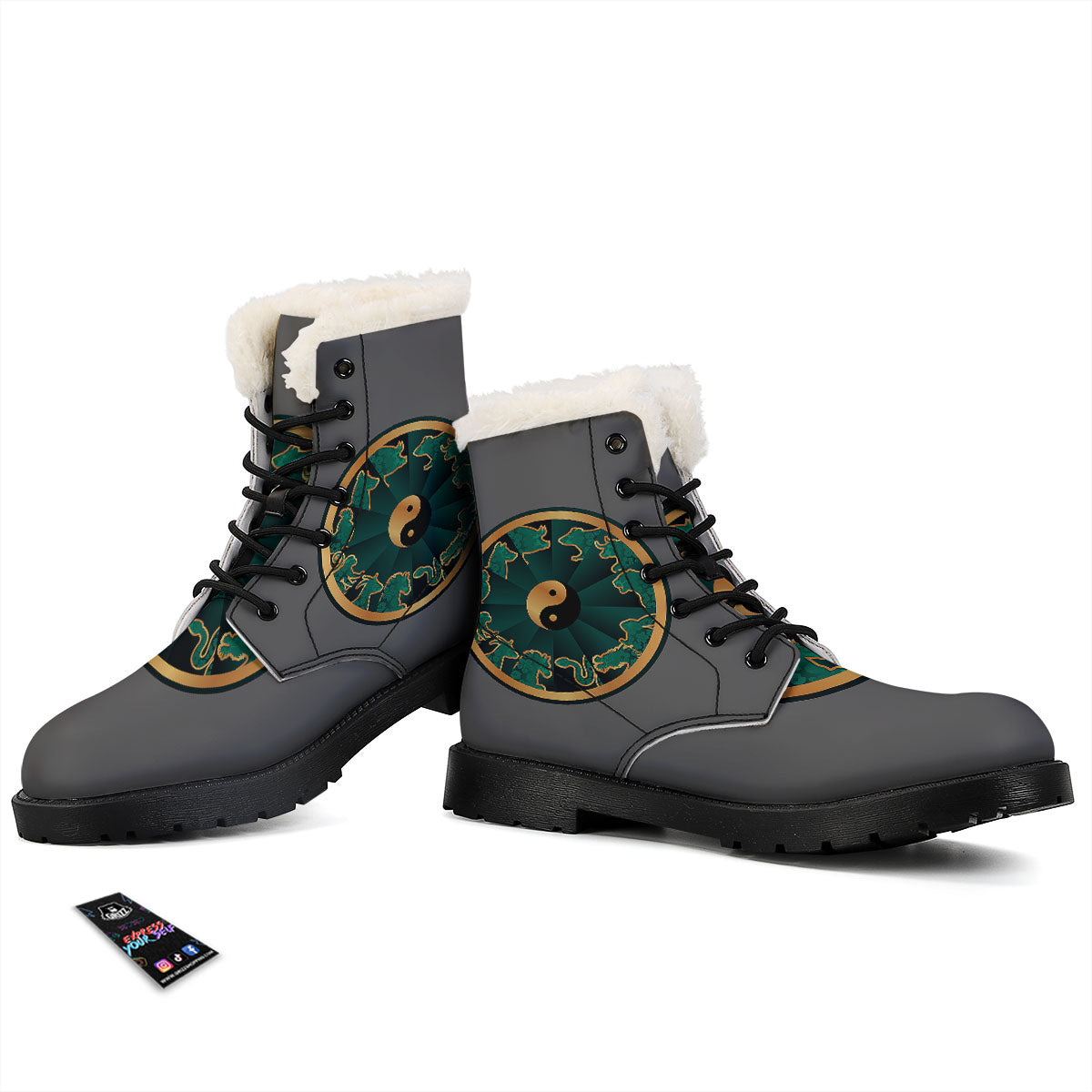 Chinese Zodiac Gold And Green Print Winter Boots-grizzshop