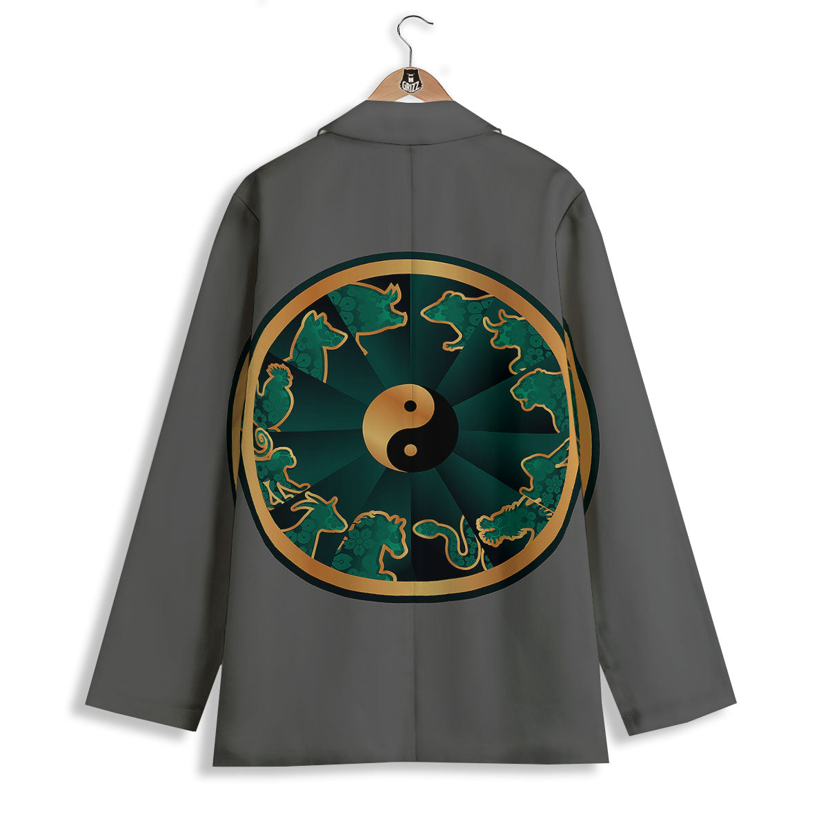 Chinese Zodiac Gold And Green Print Women's Blazer-grizzshop
