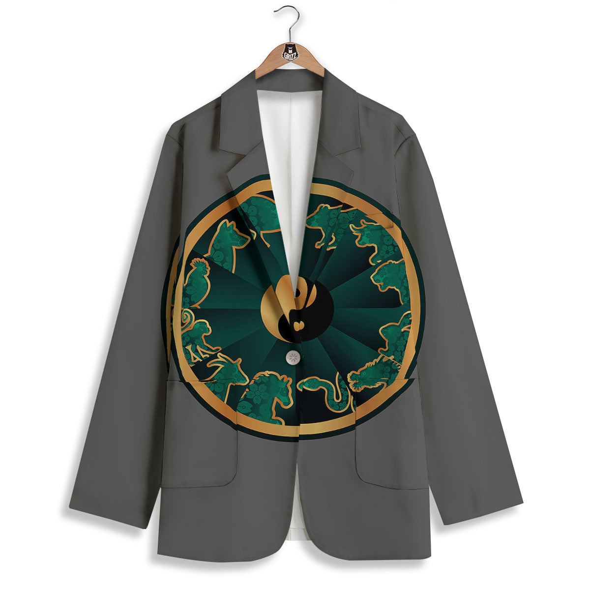 Chinese Zodiac Gold And Green Print Women's Blazer-grizzshop