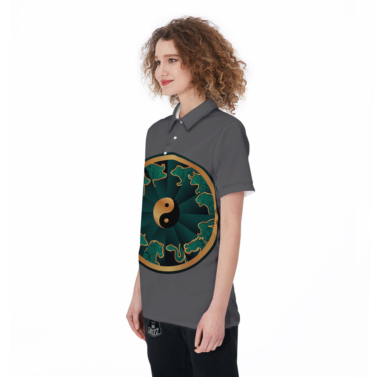 Chinese Zodiac Gold And Green Print Women's Golf Shirts-grizzshop