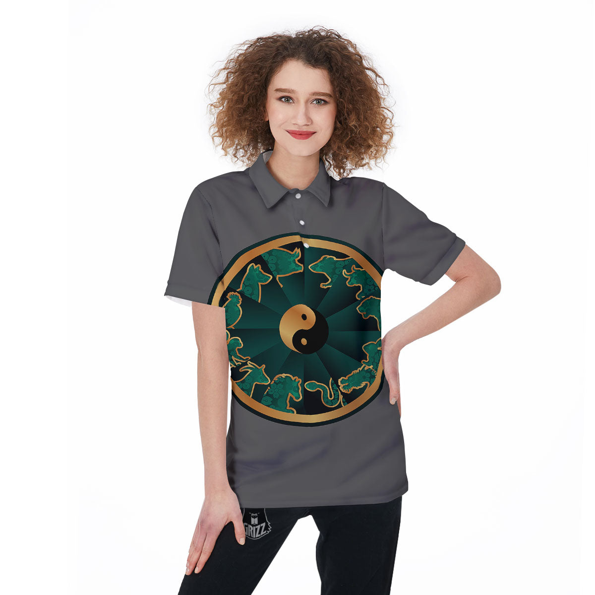 Chinese Zodiac Gold And Green Print Women's Golf Shirts-grizzshop