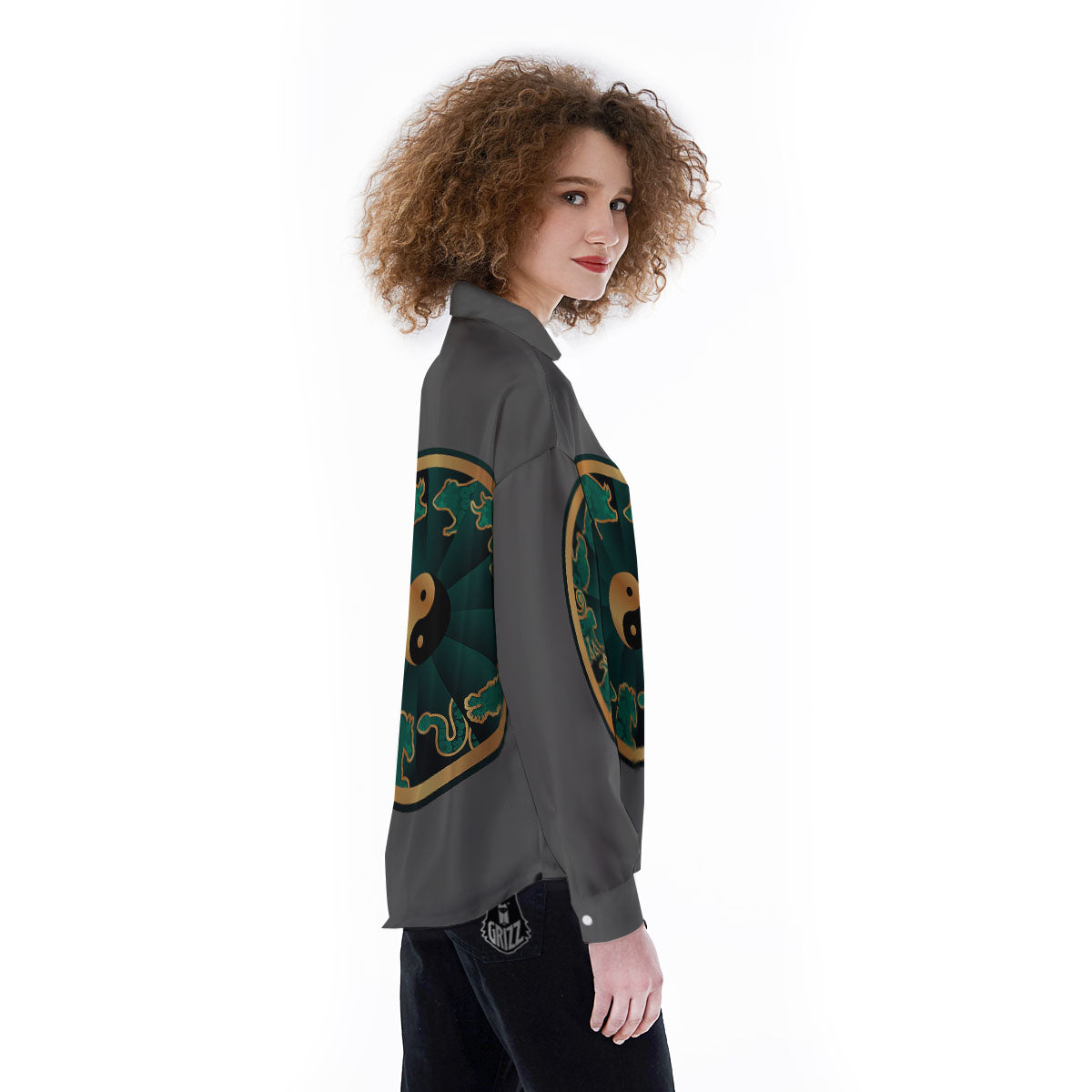 Chinese Zodiac Gold And Green Print Women's Long Sleeve Shirts-grizzshop