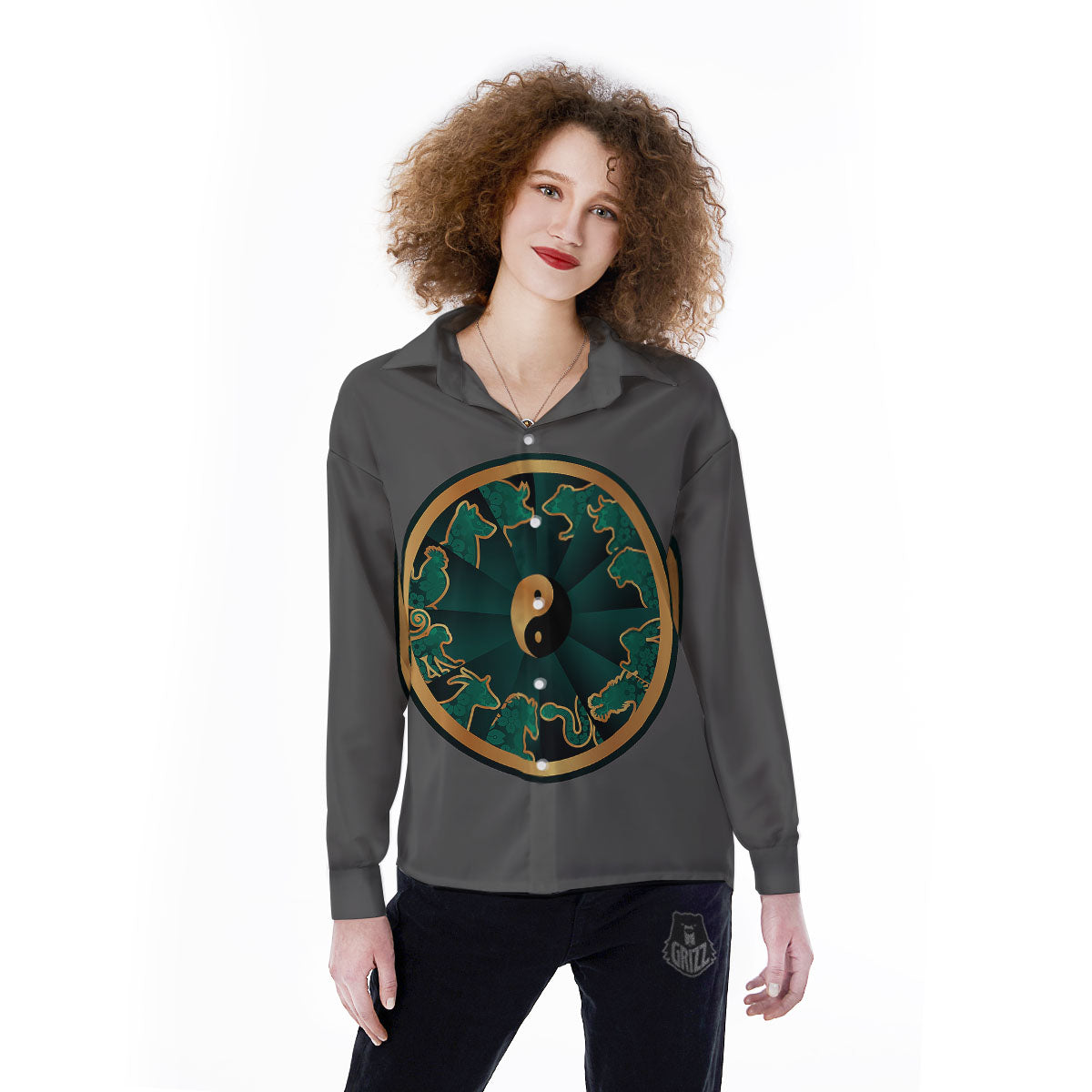Chinese Zodiac Gold And Green Print Women's Long Sleeve Shirts-grizzshop
