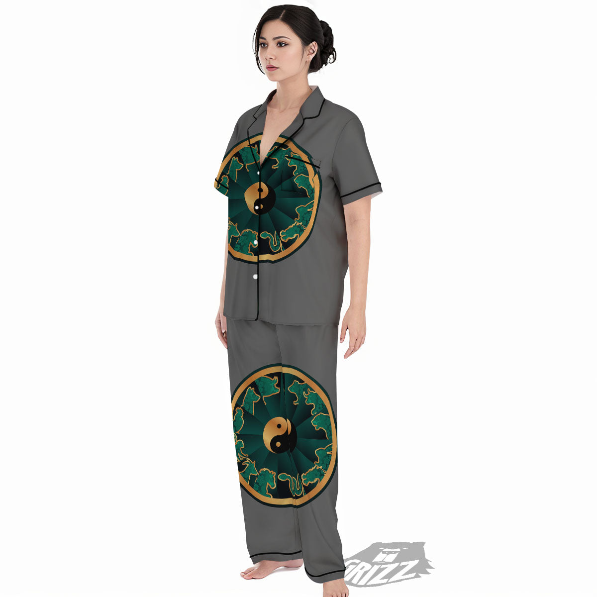Chinese Zodiac Gold And Green Print Women's Pajamas Set-grizzshop